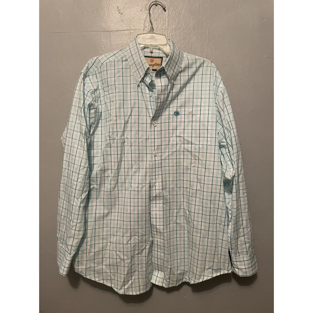 Wrangler Casual Button-Up Men’s M Teal Blue Plaid Cotton Blend Western Shirt